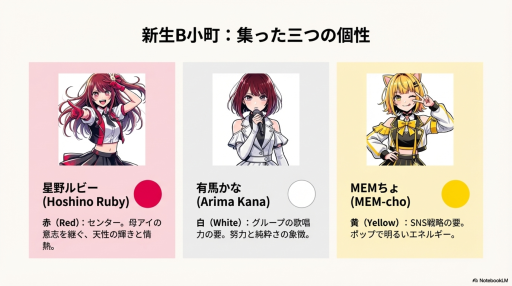 星野ルビー（赤・センター）、有馬かな（白・歌唱力）、MEMちょ（黄・SNS戦略）の3名のイラストと役割を解説したスライド。