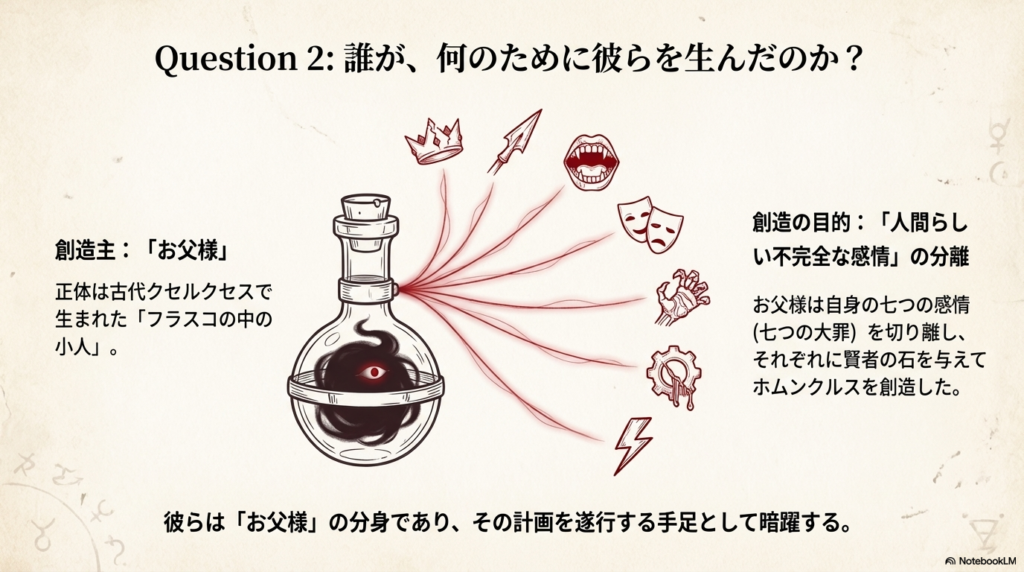 フラスコの中の小人が、自身の感情を切り離してホムンクルスを創造した背景を説明するイラスト。フラスコから7つの感情が伸びているイメージ。