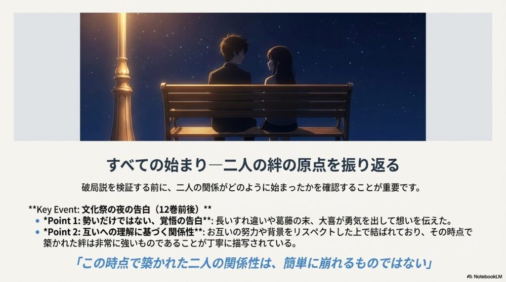 12巻前後の文化祭の夜の告白を振り返り、二人の絆が互いの理解に基づいた強いものであることを解説する画像。