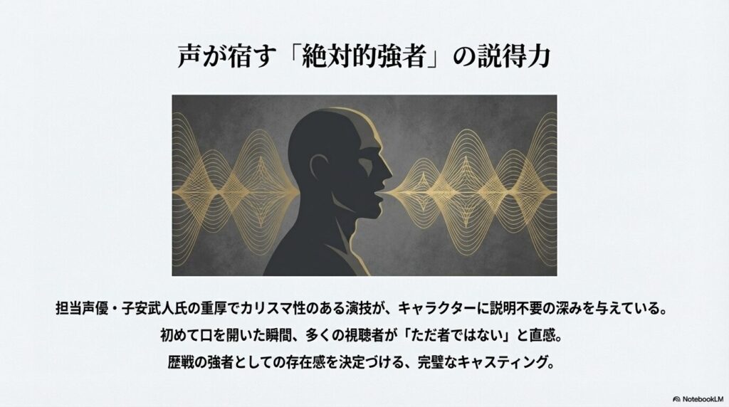 横顔のシルエットから音波が広がっており、子安武人氏による重厚でカリスマ性のある演技を象徴するイメージ。