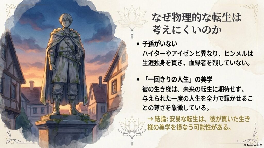 ヒンメルに子孫がいないことや、「一回きりの人生」を大切にする彼の美学から、物理的転生が困難である理由を説明するスライド