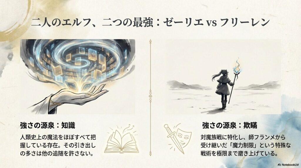 知識のゼーリエと、欺瞞（魔力制限）のフリーレンという、二人のエルフの強さの本質を対比させた図。