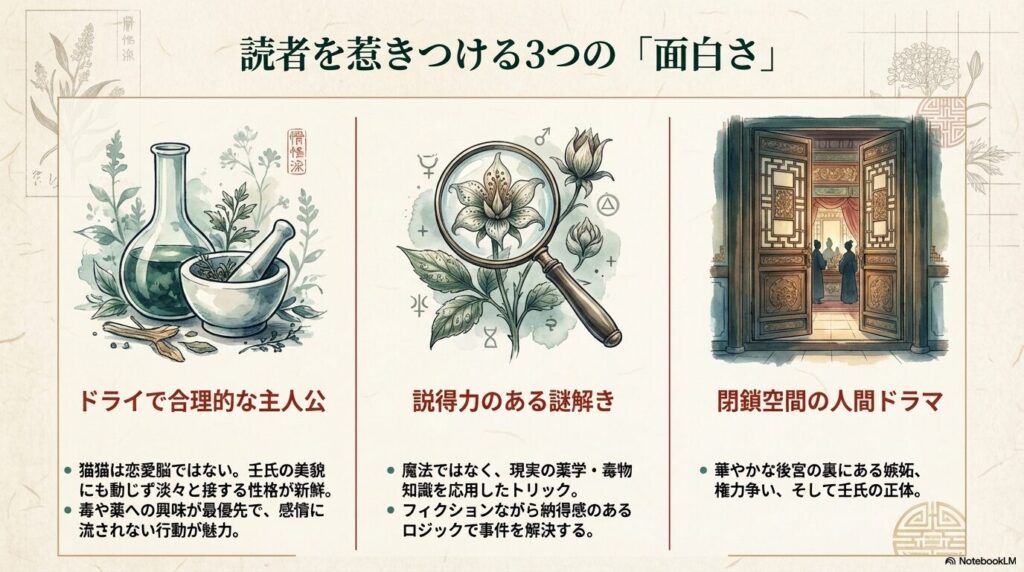 作品の魅力として「ドライで合理的な主人公」「説得力のある謎解き」「閉鎖空間の人間ドラマ」の3点を挙げ、猫猫の恋愛脳ではない性格や薬学知識を応用したロジックについて解説している。