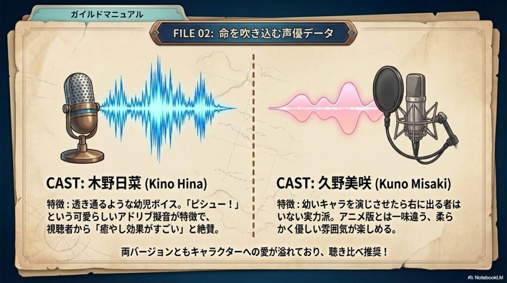 アニメ版の木野日菜さんとドラマCD版の久野美咲さんの特徴を比較したスライド。木野さんの「ピシュー！」というアドリブや久野さんの柔らかな雰囲気に触れている。