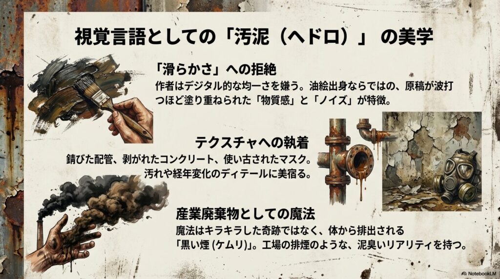 スライド3枚目。デジタル的な滑らかさを拒絶し、油絵のような「物質感」や「ノイズ」を重視する画風について解説 。錆びた配管などのテクスチャへの執着や、魔法を「黒い煙（ケムリ）」という産業廃棄物として描く設定に触れている 。