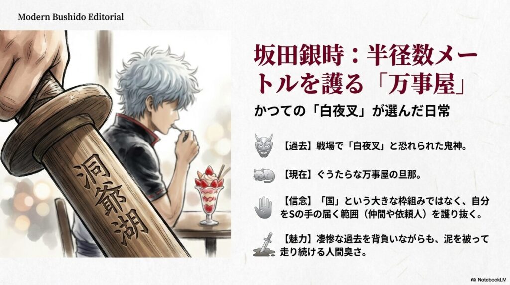 パフェを食べる現代の銀時と、愛刀「洞爺湖」を握る手のクローズアップ。