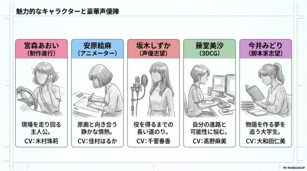 宮森あおい、安原絵麻、坂木しずか、藤堂美沙、今井みどりの5人が、それぞれの職務に励んでいる様子を描いたスケッチ風のイラスト