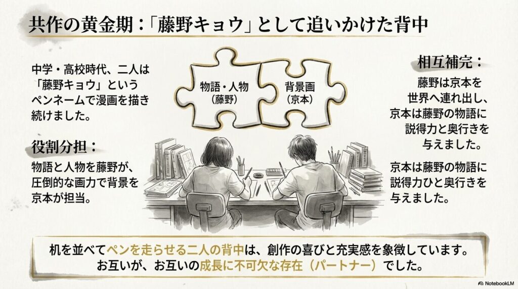 背中合わせで作業する二人と、物語担当の藤野、背景画担当の京本がパズルのピースのように組み合わさっている図。