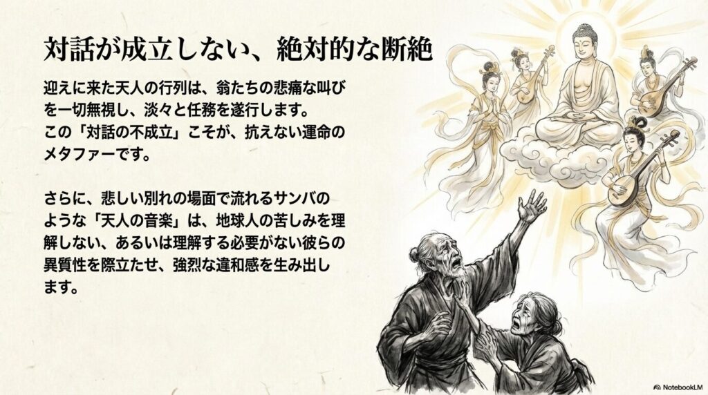 迎えに来た天人の行列が悲鳴を無視する「対話の不成立」と、不気味に明るい「天人の音楽」が異質性を際立たせることを説明する図。
