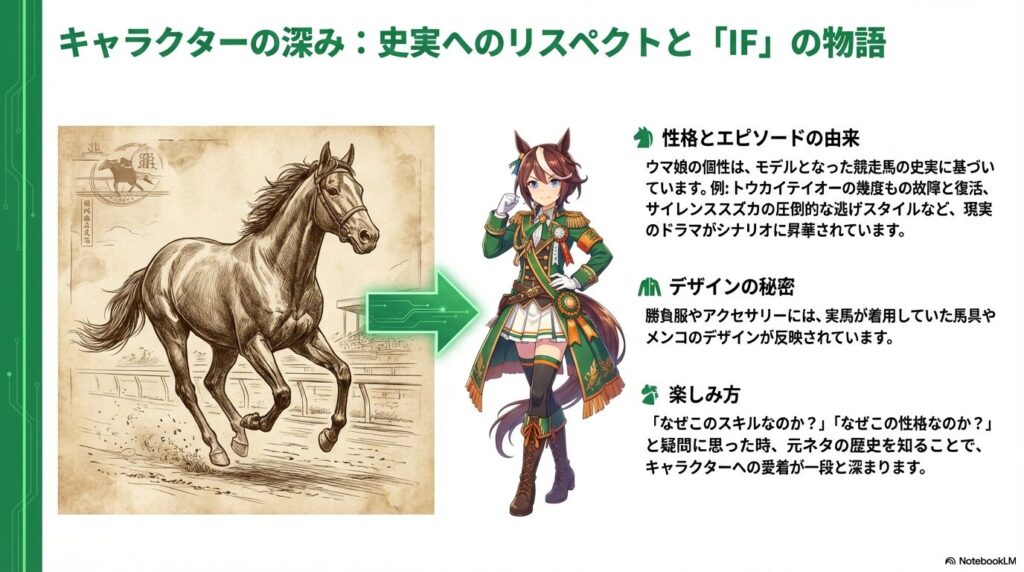 実在馬のイラストとウマ娘のイラストを並べ、トウカイテイオーの復活劇やサイレンススズカの逃げスタイルなど、史実がシナリオやスキル、勝負服のデザイン（馬具やメンコ）に昇華されていることを説明するスライド。