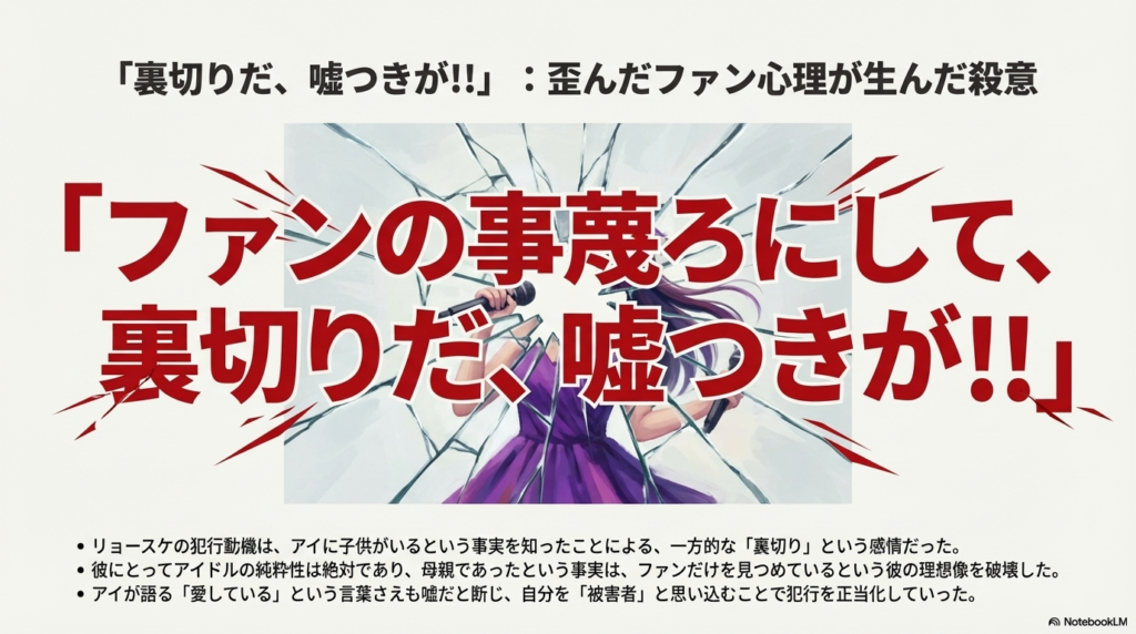 アイに子供がいることを知ったリョースケが「裏切りだ、嘘つきが」と叫ぶ、歪んだファン心理を解説したスライド。