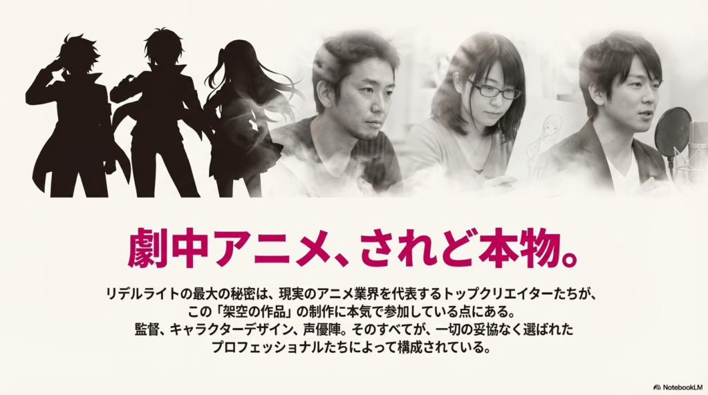 キャラクターのシルエットと、真剣な表情で作業やアフレコに臨むスタッフ・声優たちの写真。