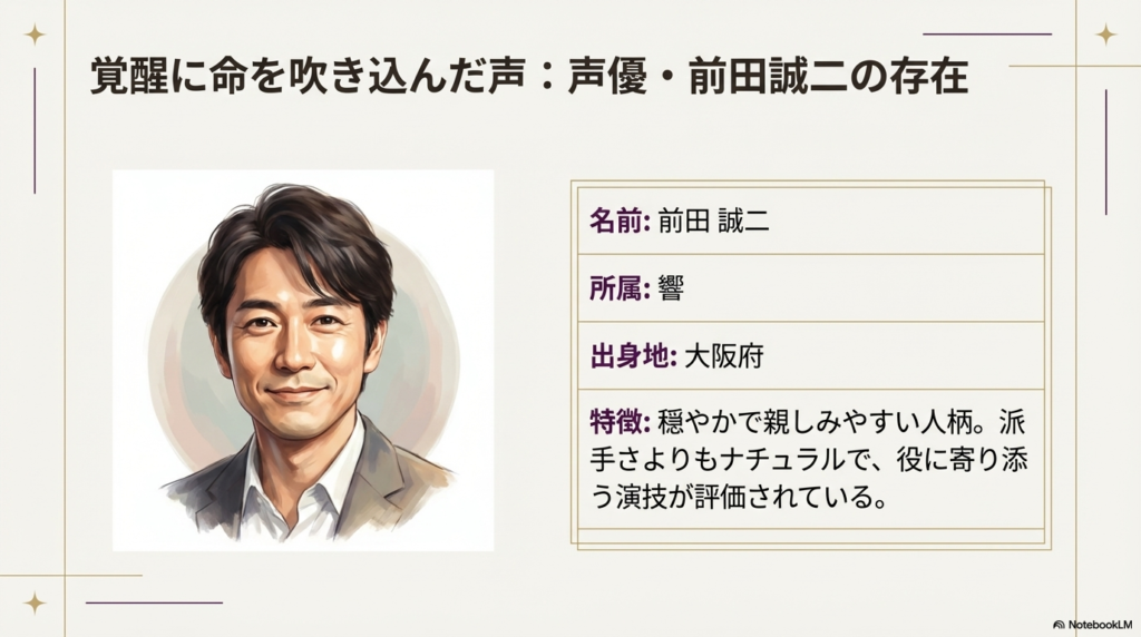 響所属の声優、前田誠二さんの似顔絵イラストと、大阪府出身、ナチュラルな演技が評価されている点を紹介するスライド