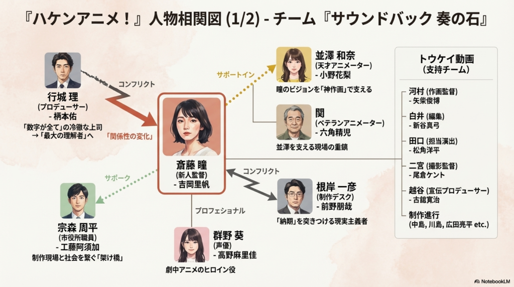 斎藤瞳率いるチーム「サバク」と、王子千晴率いるチーム「リデル」の両陣営および関係者を網羅した、実写キャストの人物相関図スライド。