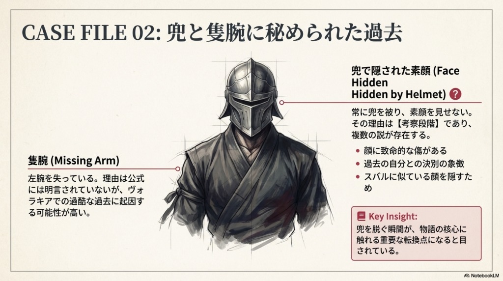 兜で顔を隠し続ける理由（傷、決別、スバルとの類似）と、失われた左腕に関する考察。