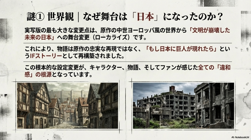 舞台を日本に変更したことで、原作の再現ではなく「もし日本に巨人が現れたら」というIFストーリーになったことを解説するスライド。