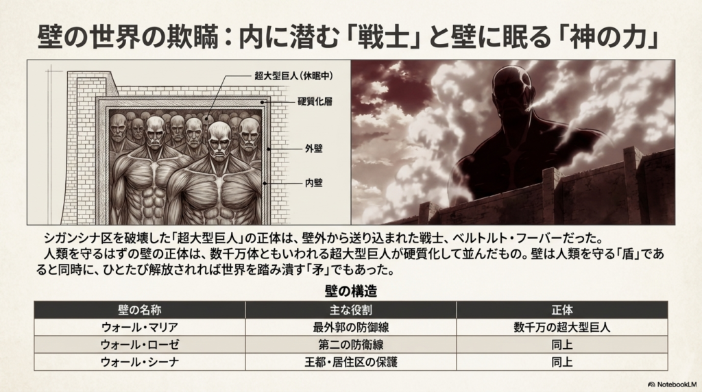 三重の壁の内部に、硬質化した超大型巨人が隙間なく並んでいる構造図。