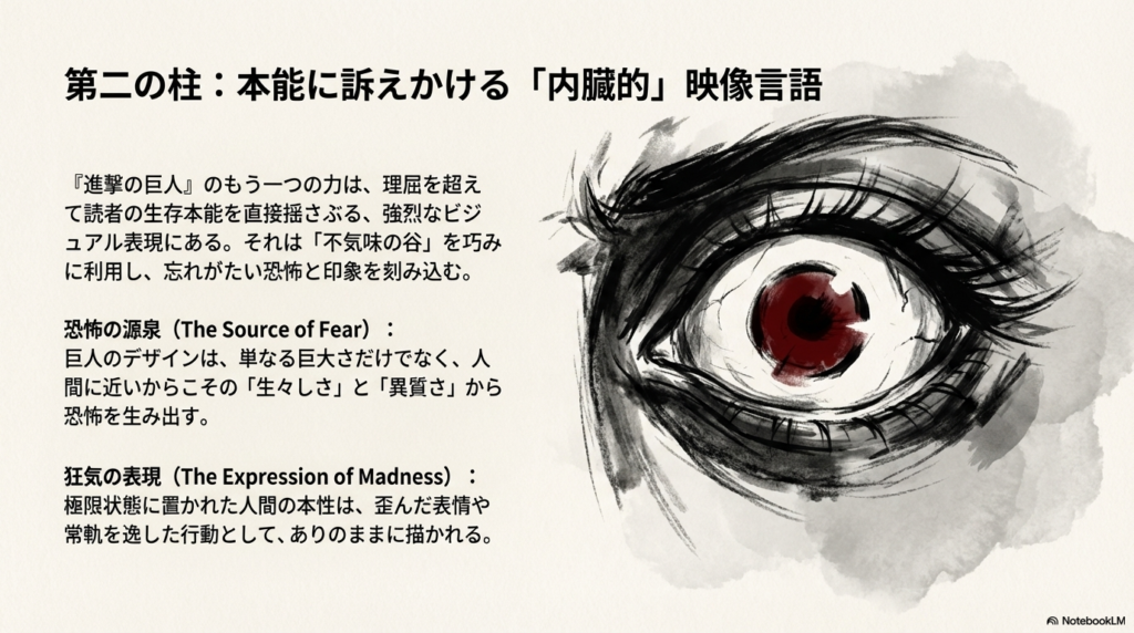 巨人のデザインが「不気味の谷」を利用し、人間の生存本能に直接訴えかける恐怖を生み出していることを説明するスライド