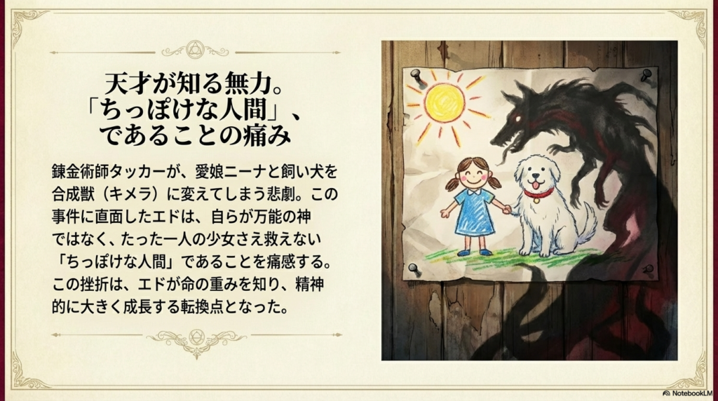 ニーナとアレキサンダーの仲睦まじい絵の背後に、黒い不気味な合成獣の影が伸びているイラスト
