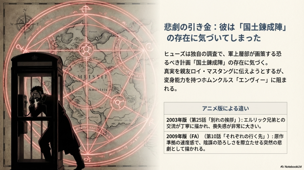アメストリス全土を覆う巨大な錬成陣の地図を背景に、公衆電話から必死に連絡を取ろうとするヒューズの姿。