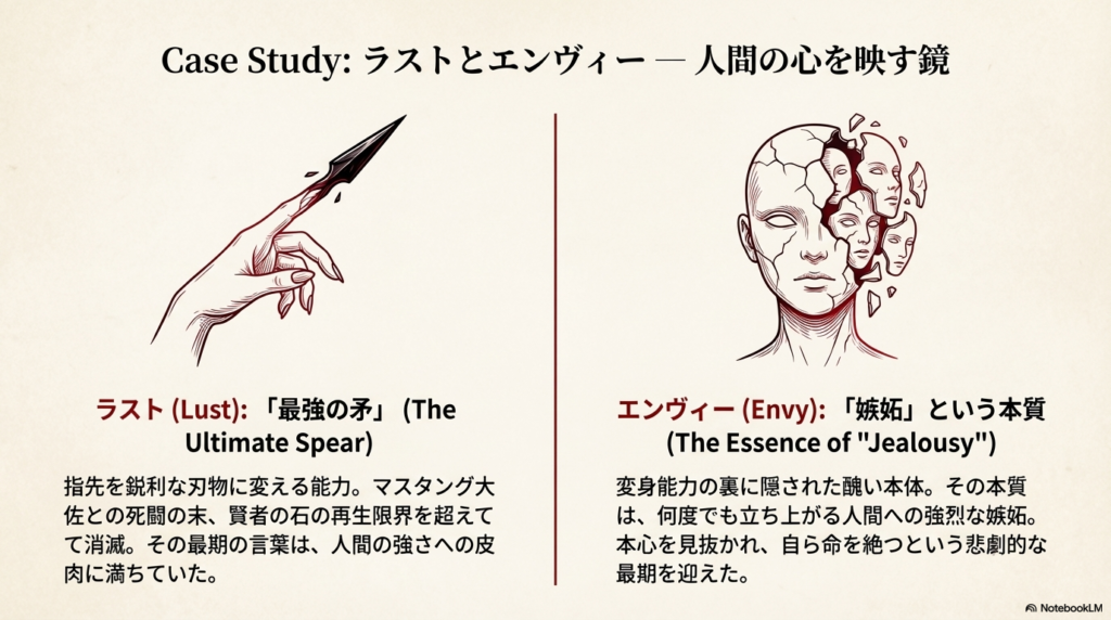 ラストの「最強の矛」と、エンヴィーの「嫉妬」という本質を解説するスライド。マスタングとの死闘や自害を選んだ悲劇的な最期についても触れている。