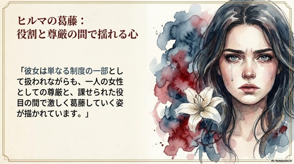 百合の花を添えられ、悲しげな表情で涙を流すヒルマのアップ。制度の一部として扱われる苦悩と、女性としての尊厳の間で揺れる心情についての記述。