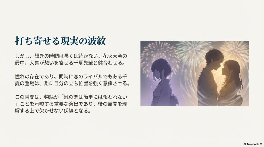 花火を背景に、背を向ける雛と、向かい合う男女(大喜と千夏)の対照的なシルエット