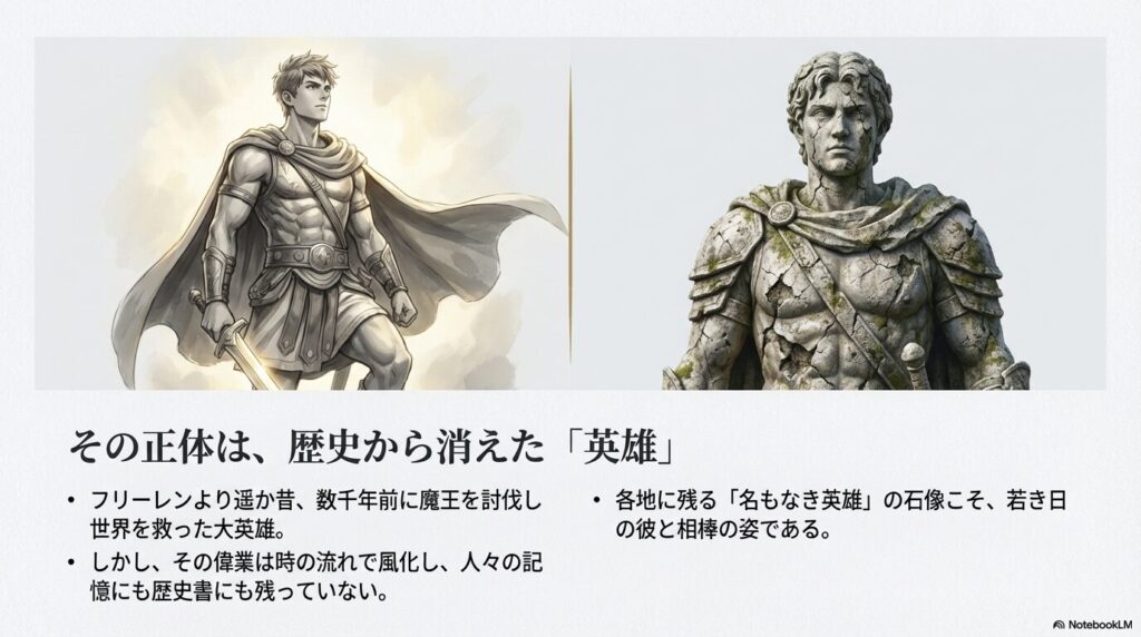 勇壮な英雄のイラストと、数千年の時を経てヒビが入り風化した石像の比較図。