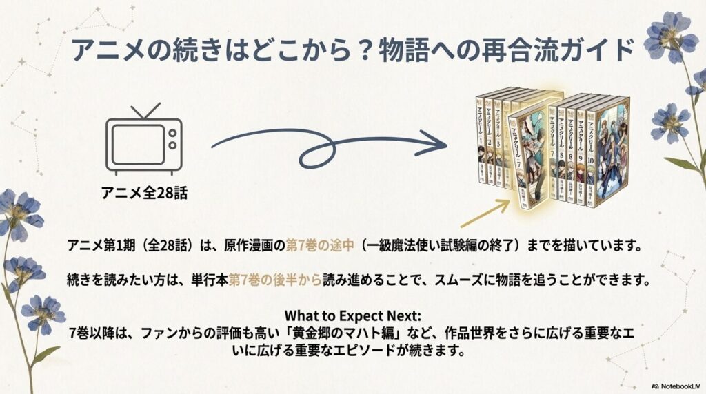 テレビと単行本のイラスト。アニメ全28話は7巻の「一級魔法使い試験編」まで。続きは7巻後半から読めることを解説。