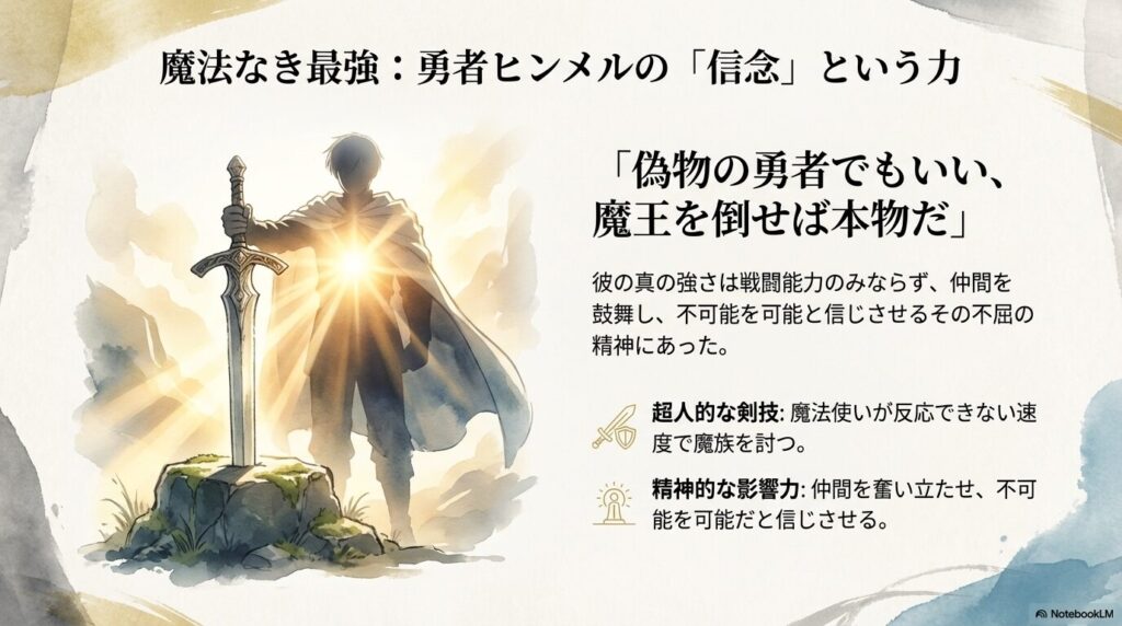 ヒンメルの「偽物の勇者でもいい」というセリフと共に、超人的な剣技と仲間に与える精神的影響力を解説したスライド。