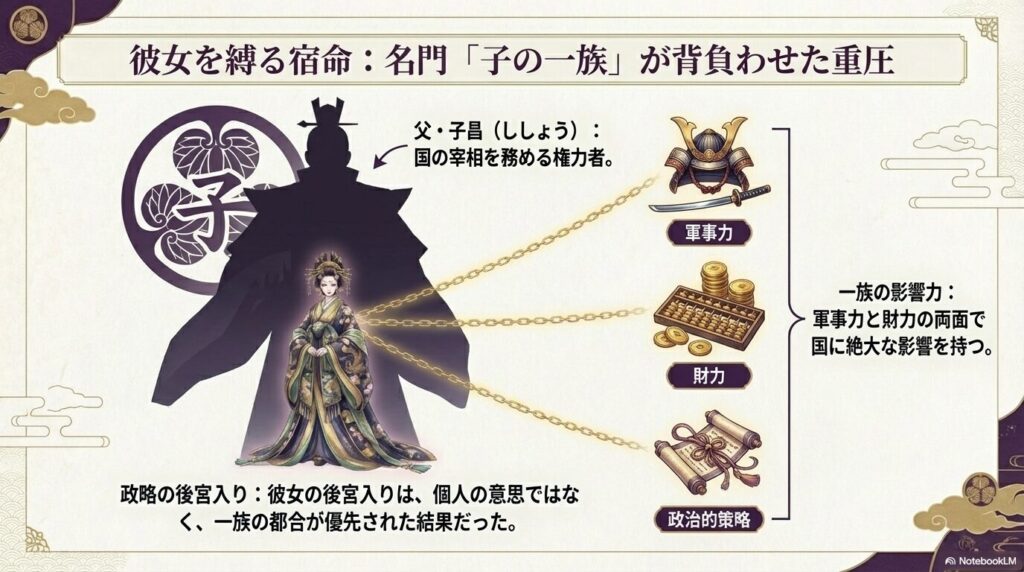 父・子昌のシルエットを背景に、鎖に繋がれた楼蘭妃のイラストと子の一族の影響力の解説