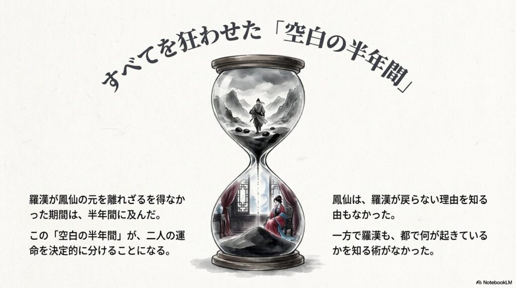 宮廷を去る羅門と、遠くを見つめる羅漢。二人の関係を引き裂いた不可抗力を表現。