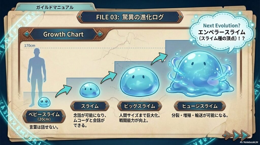 20cmのベビースライムから人間サイズのビッグスライム、そして分裂・輸送が可能なヒュージスライムへの進化過程と、将来のエンペラースライム化の予想図。