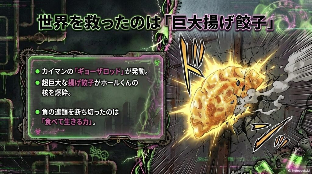 カイマンのギョーザロッドが発動し、超巨大な揚げ餃子がホールくんの核を爆砕して負の連鎖を断ち切った様子を解説するスライド。