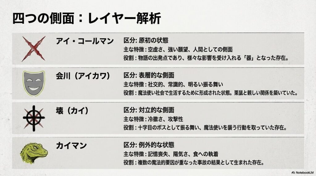 アイ（始原）、会川（表層）、壊（深層）、カイマン（例外）が層状に重なっていることを示す図解。