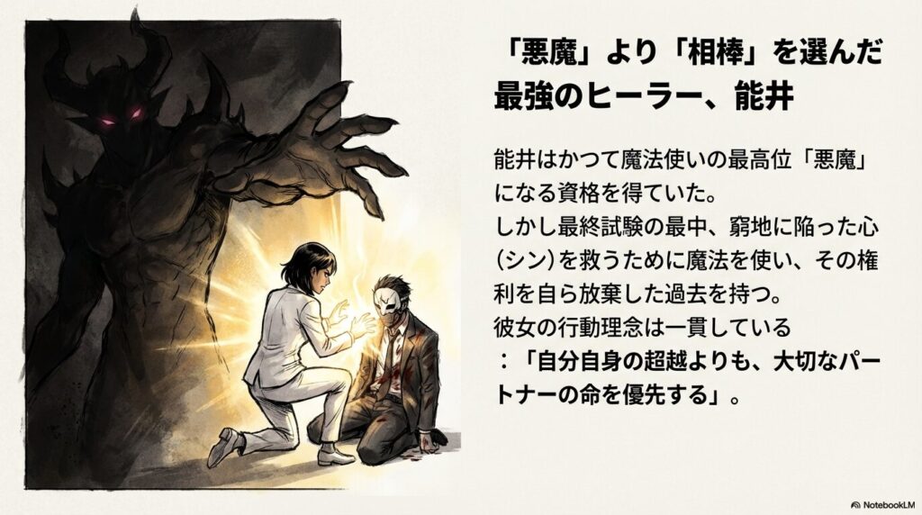 悪魔の巨大な影を背負いながら、膝をついて心の怪我を治療する能井の決意に満ちた姿。