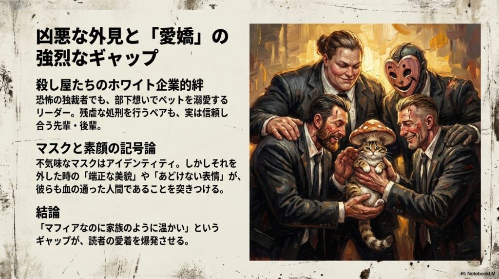 スライド4枚目。煙ファミリーの「ホワイト企業的絆」や、不気味なマスクと外した時の素顔のギャップについて解説 。結論として「マフィアなのに家族のように温かい」というギャップが愛着を生むと述べている 。