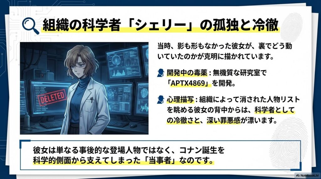 無機質な研究室でAPTX4869を開発し、犠牲者リストを眺めるシェリーの姿から、彼女がコナン誕生の科学的側面の当事者であることを示すスライド。