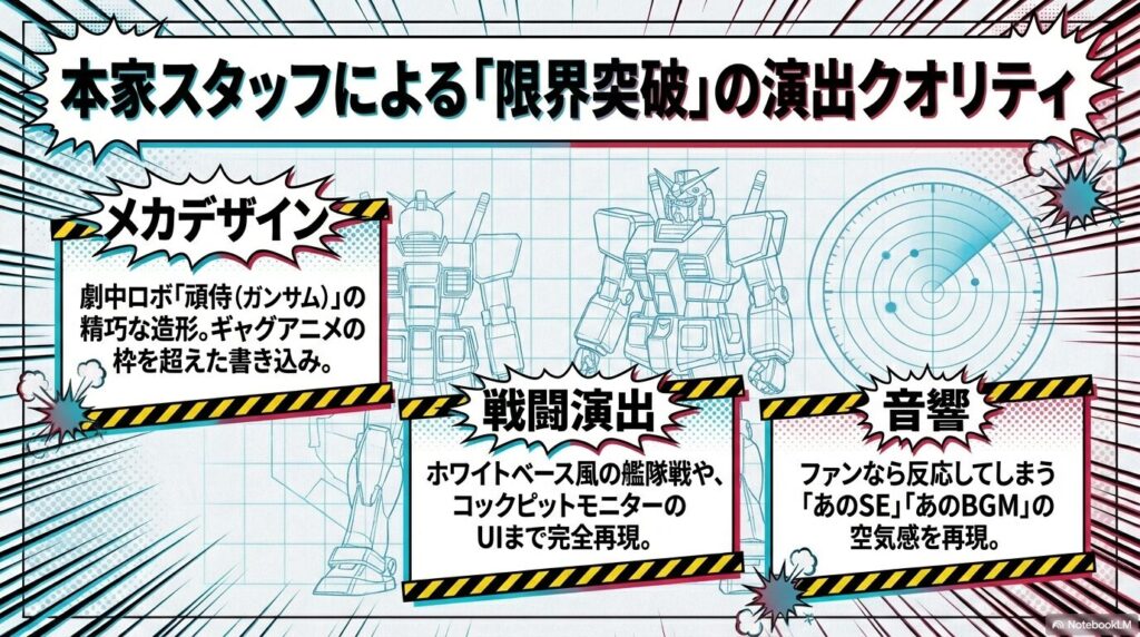 劇中ロボ「頑侍（ガンサム）」のデザイン、ホワイトベース風の艦隊戦、コックピットUI、本家SE・BGMの再現について説明した資料。