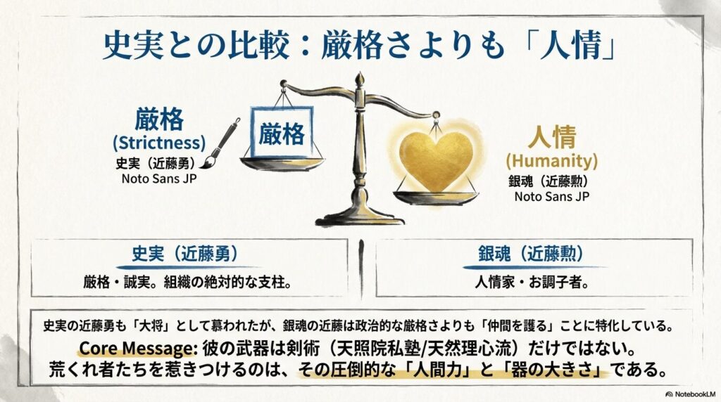 史実の近藤勇が持つ「厳格・誠実」さと、『銀魂』の近藤勲が持つ「人情家・お調子者」という特徴を対比させたグラフ。