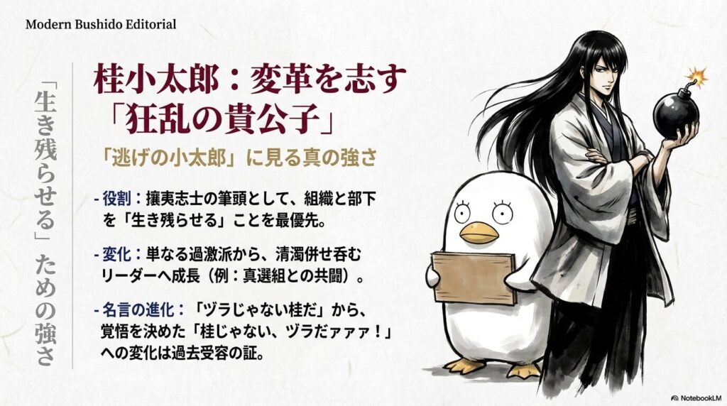 爆弾を持ち、強い意志を秘めた表情の桂小太郎と、プラカードを持つエリザベスのイラスト。