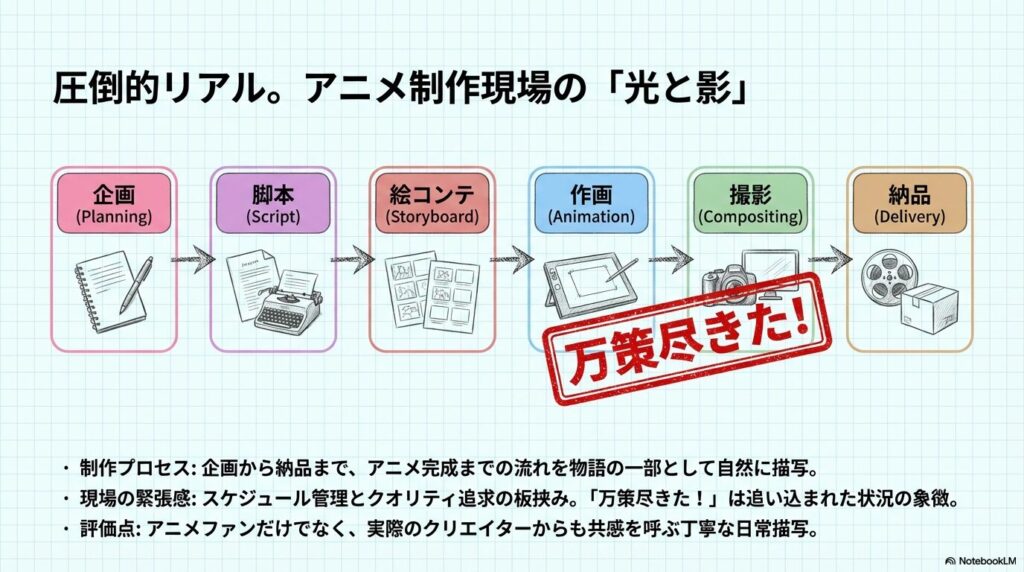 企画、脚本、絵コンテ、作画、撮影、納品というアニメ制作のフロー図と、追い込まれた状況を象徴する「万策尽きた！」の赤いスタンプ