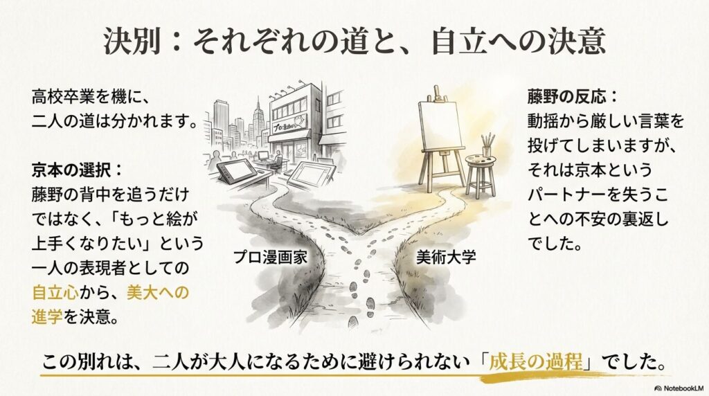 一つの道が「プロ漫画家」と「美術大学」の二手に分かれ、それぞれに続く足跡が描かれたイラスト。