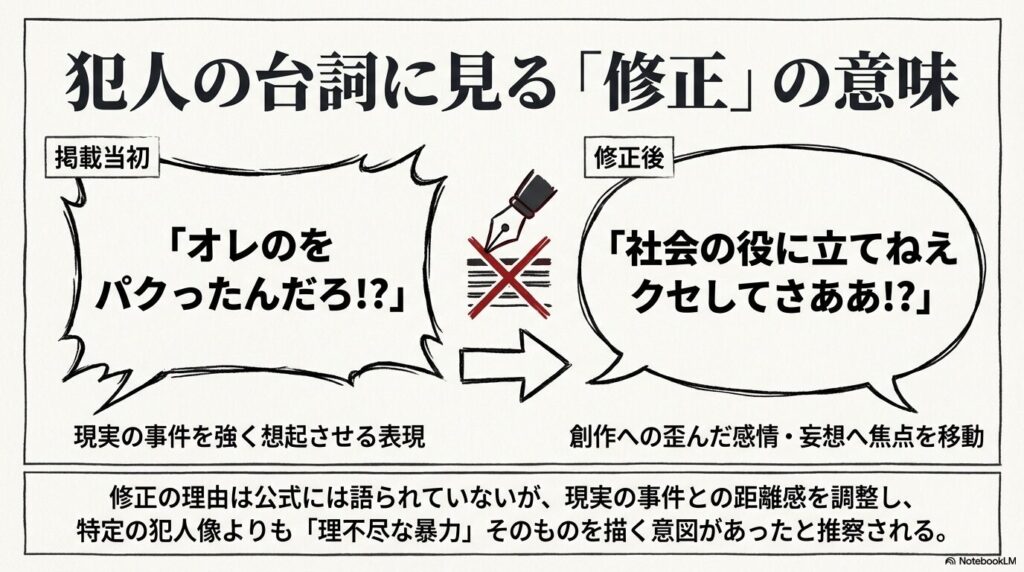 掲載当初の「オレのをパクったんだろ!?」から修正後の「社会の役に立てねえクセしてさああ!?」への変更を比較し、特定の犯人像から「理不尽な暴力」そのものへ焦点を移動させた意図を考察する図解。