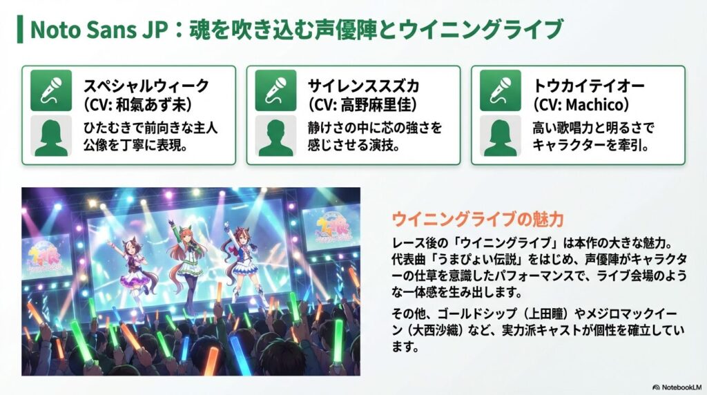 スペシャルウィーク（CV:和氣あず未）、サイレンススズカ（CV:高野麻里佳）、トウカイテイオー（CV:Machico）といった主要キャストの紹介と、レース後の「ウイニングライブ」や代表曲「うまぴょい伝説」の魅力をまとめたスライド。