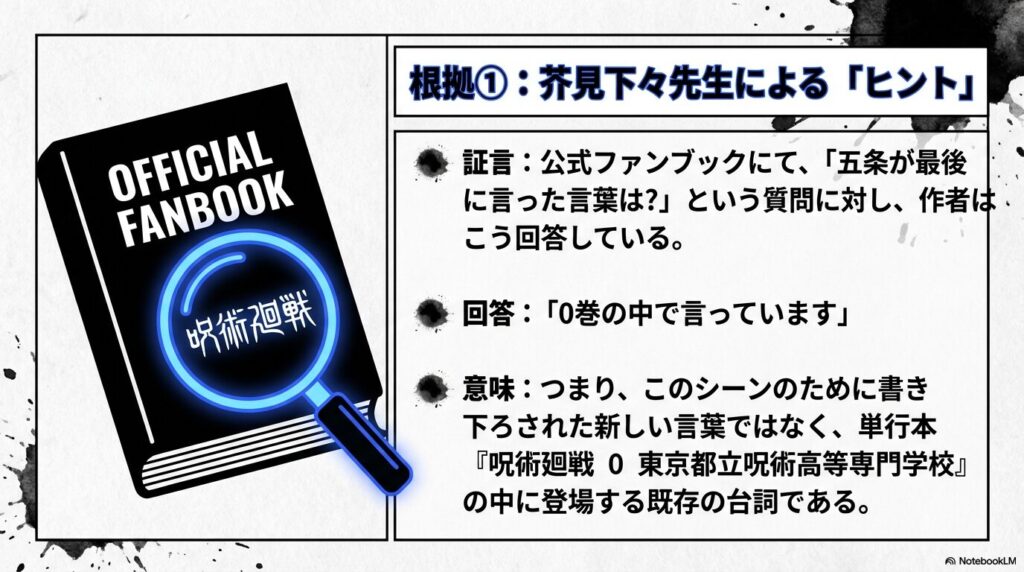 公式ファンブックでの「0巻の中で言っています」という作者回答を紹介し、既存の台詞であることを示すスライド。