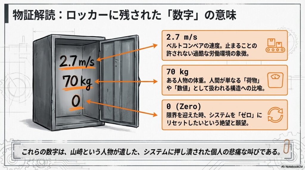 4444444444 $2.7 m/s$（ベルトコンベア速度）、70kg（人間の体重）、0（リセット）という数字が、システムの過酷さと絶望を象徴している解説。