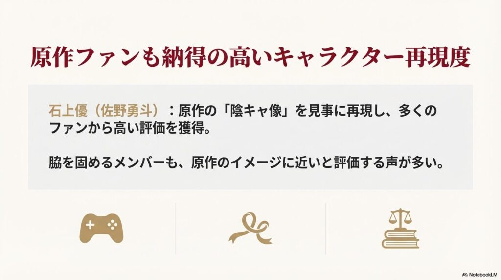 石上優役の佐野勇斗など、脇を固めるメンバーの原作再現度の高さを評価する解説スライド