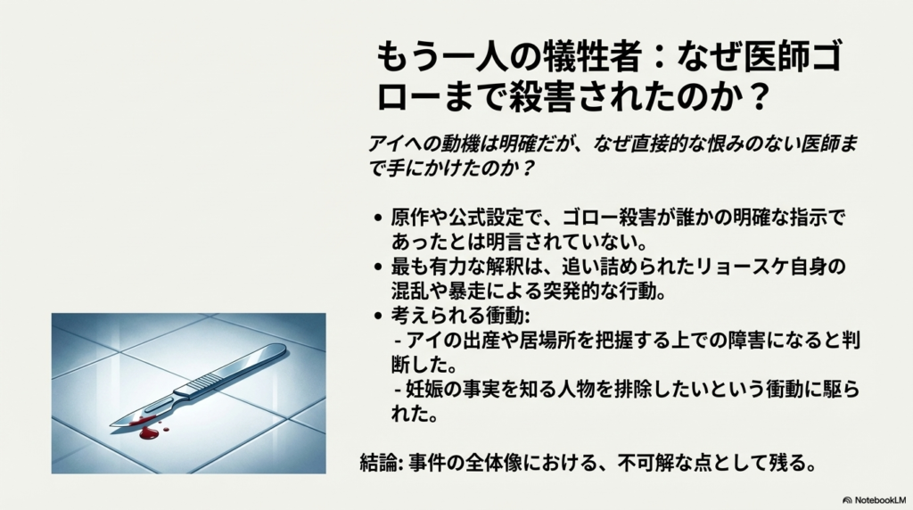 直接的な恨みがないはずの医師ゴローがなぜ殺害されたのか、その突発的な行動や理由についての考察まとめ。