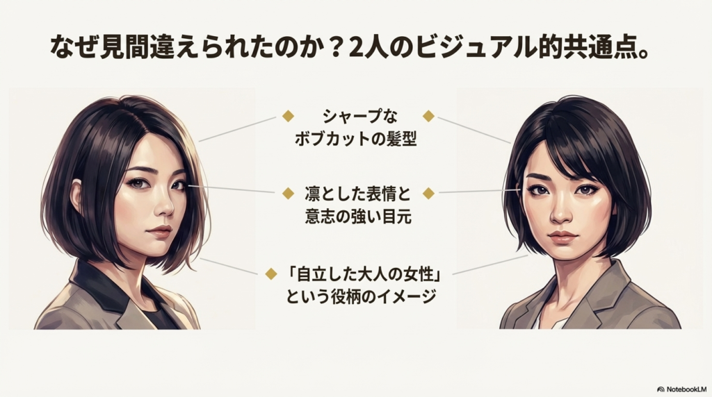 ボブカット、凛とした表情、自立した女性像など、二人のビジュアル的共通点をポイント形式でまとめたスライド。